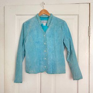 Sophie Chang Studio Suede Jacket Turquoise w Pearl and Embroidered front button